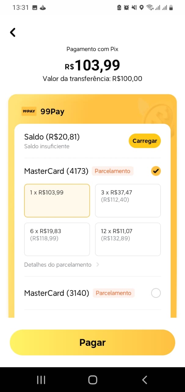 Fazer pix com cartão de crédito